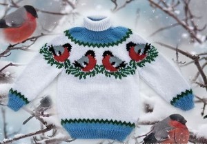 Вязаный свитерок «Снегири прилетели» на мальчика 2-3 лет