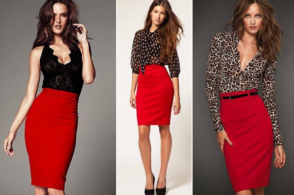 С чем носить красную юбку-карандаш С чем носить красную юбку-карандаш