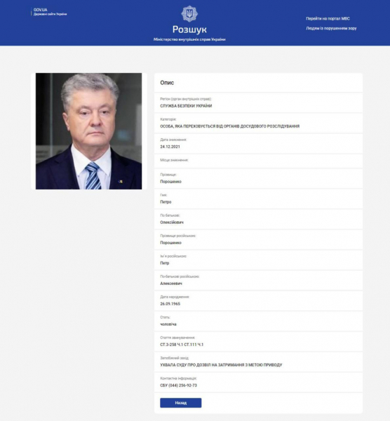Анкету Порошенко обнаружили в базе разыскиваемых лиц МВД Украины