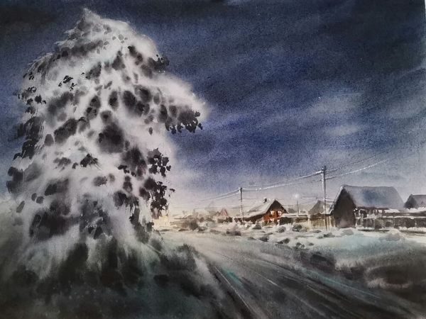 Пишем акварелью: «Зимняя ночь в деревне»