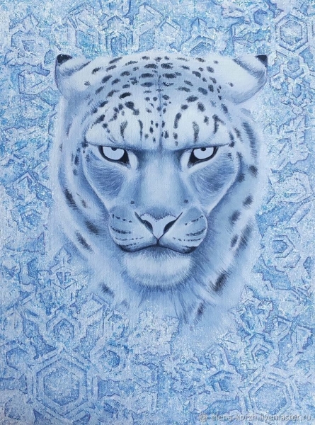Зимняя картина акрилом  «Ледяной Барс» с послойным нанесением краски и прорисовкой шерсти