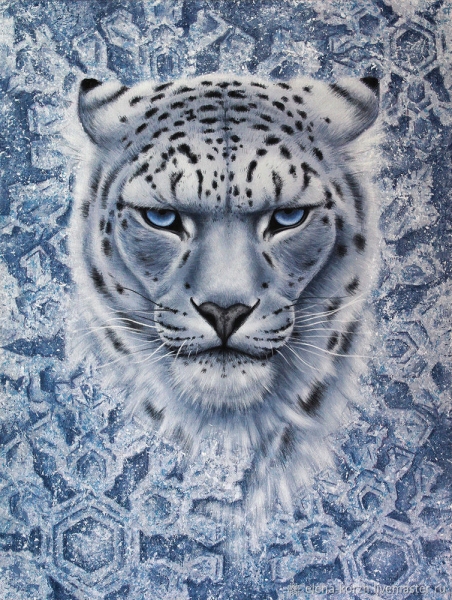Зимняя картина акрилом  «Ледяной Барс» с послойным нанесением краски и прорисовкой шерсти